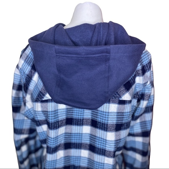 Columbia Flannel Hoodie Blue Plaid Button Up Size Large - Picture 5 of 10